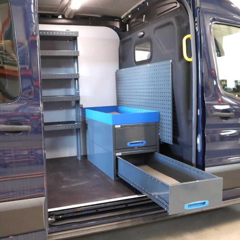 Ford Transit van racking system with long drawers installed inside a cargo van