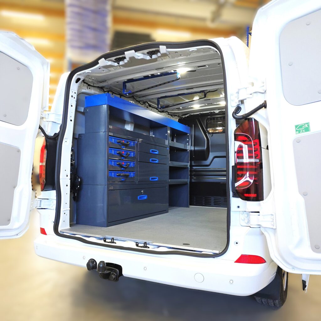 Volkswagen Transporter van shelving system with open shelves and drawer storage