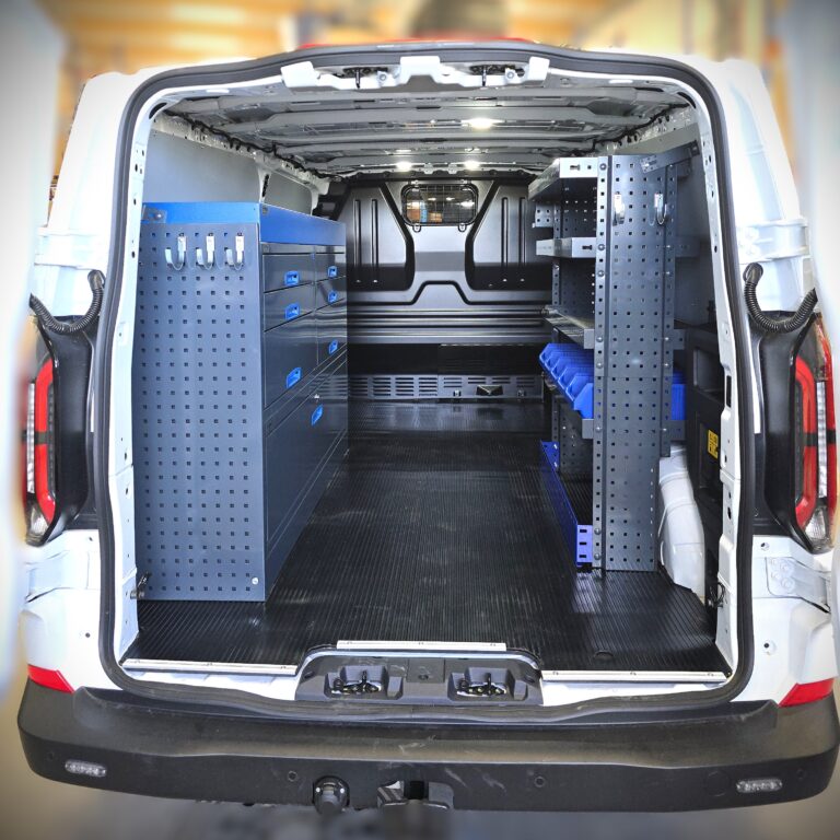 Ford E-Transit Custom shelving system with professional van storage setup