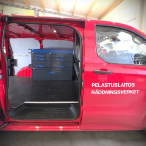 Rescue service van fitted with shelving and tool storage