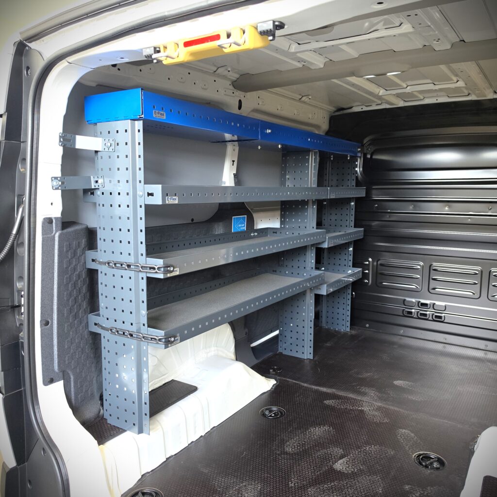 Van shelving unit installed in a Kia PV5
