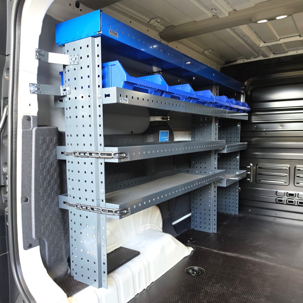 Long side shelving installed in a Kia PV5 van