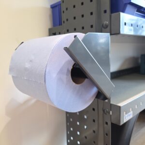 E-Flex paper roll holder mounted on the end of van shelving