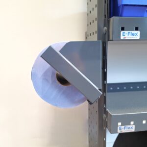 E-Flex paper roll holder mounted on the end of van shelving